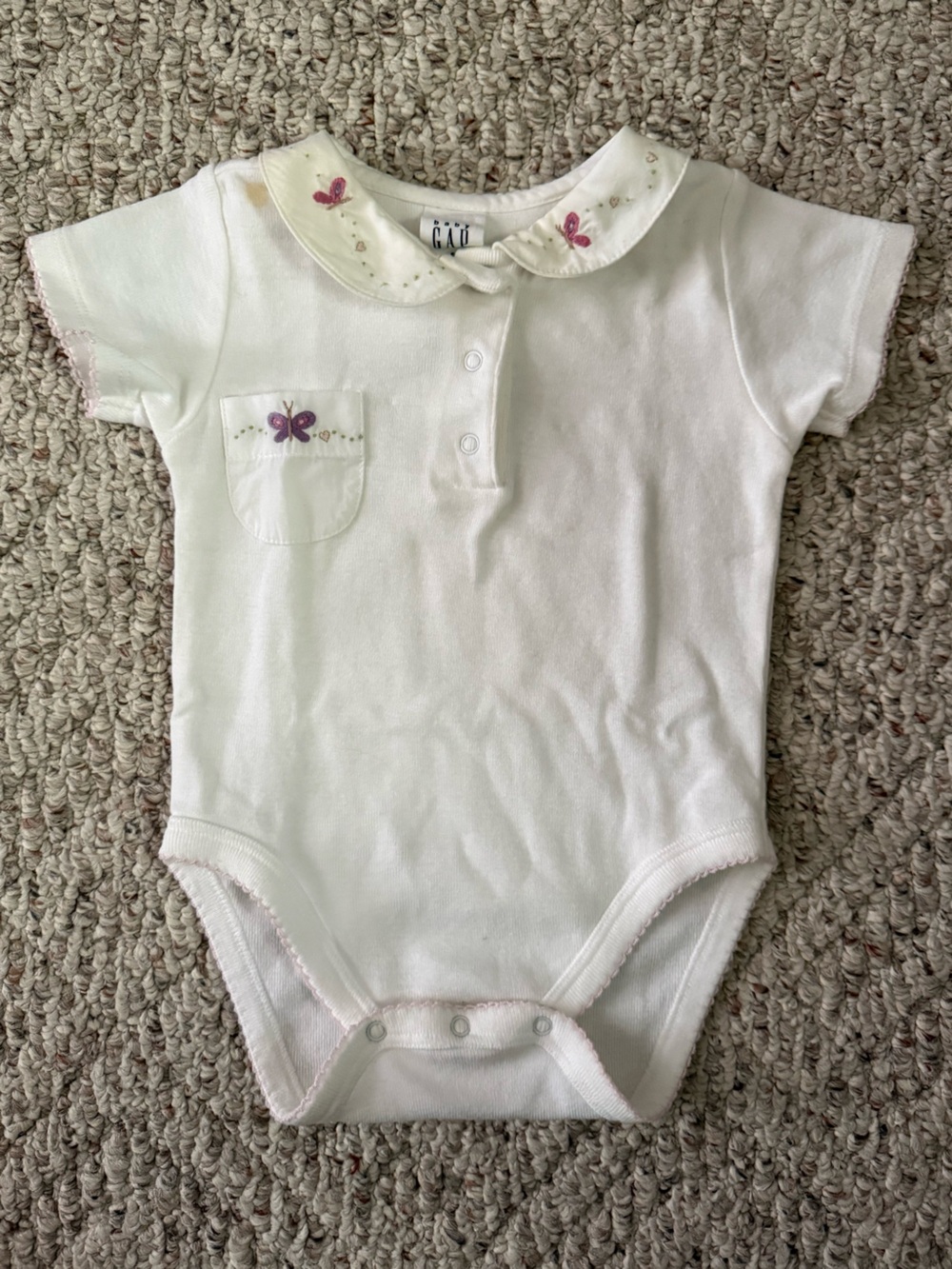 VintageGAP White Short Sleeve Baby Bodysuit with Pink & Purple Butterfly Accents
